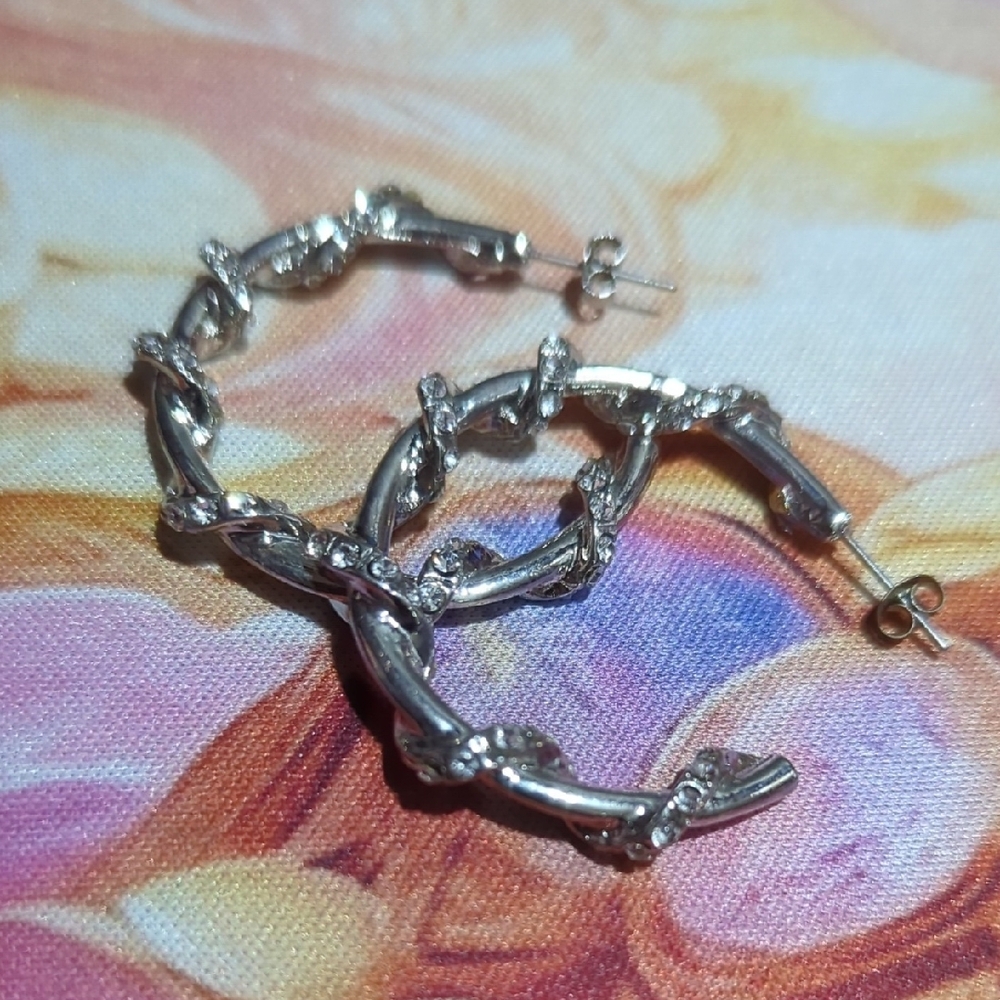 Silver Sparkly Rhinestone Hoop Earrings - Picture 10 of 10